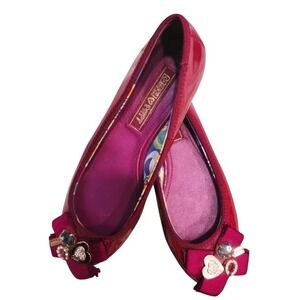 Coach Poppy magenta Patent Leather Ballet Flats Heart Charm Rhinestone‎ Bow 8.5B